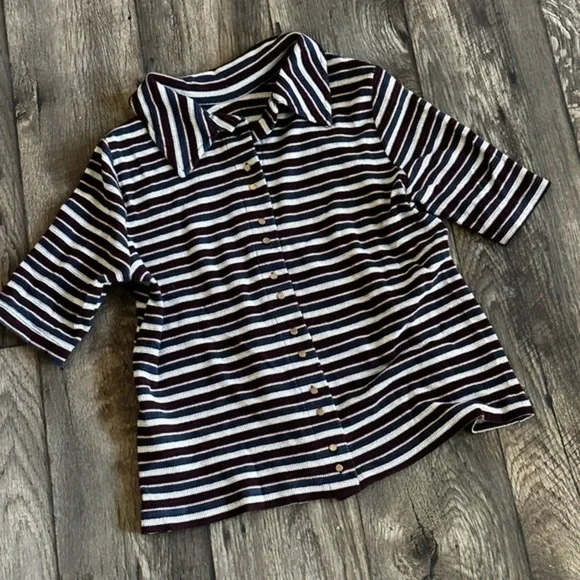 Gray burgundy navy VILA striped vintage button down tee - Picture 8 of 16